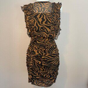 Express Zebra Print Ruched Mini Dress Brown Black Sheer Bodycon S